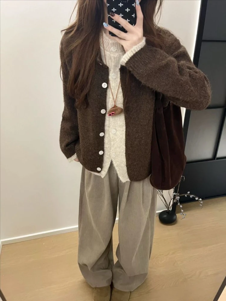 브라운 갈색 니트 가디건 앙고라 모리걸 레이어드 빈티지 에이블리 이미지