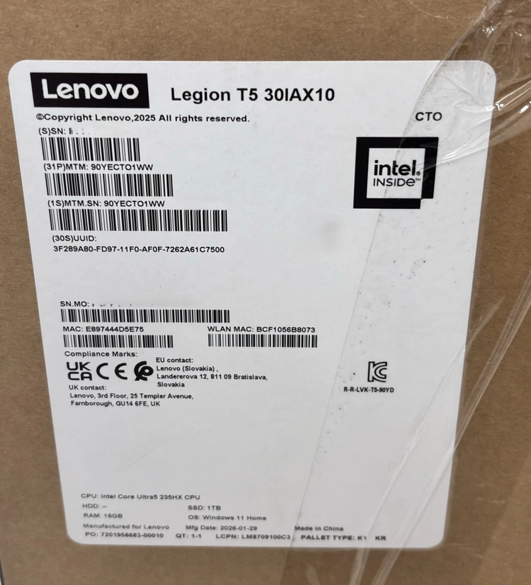 미개봉 레노버 리전 T5 게이밍PC / Ultra5 235HX / RTX5060 / 16G / 1TB 이미지