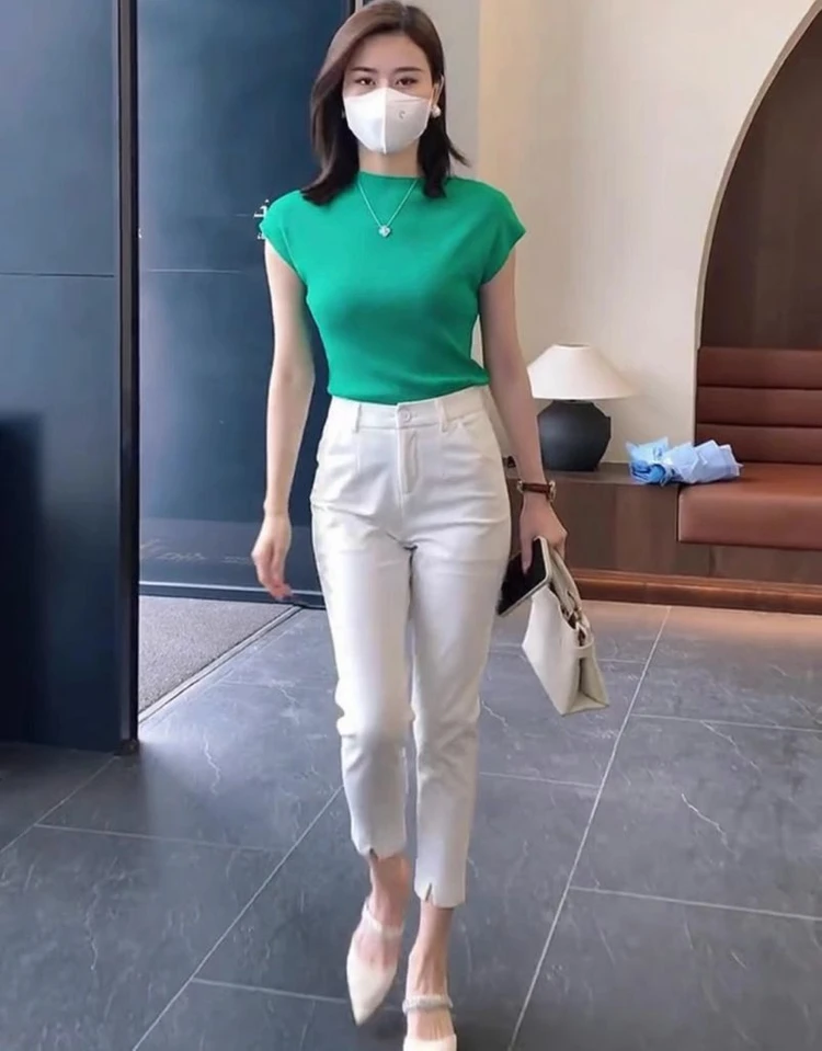 청록 반목 무지 반팔 니트 티 이미지