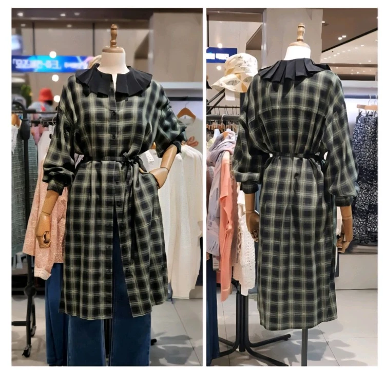 새옷 S 배색 플리츠 카라체크 긴팔원피스 써스데이아일랜드 이미지