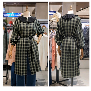 새옷 S 배색 플리츠 카라체크 긴팔원피스 써스데이아일랜드 이미지