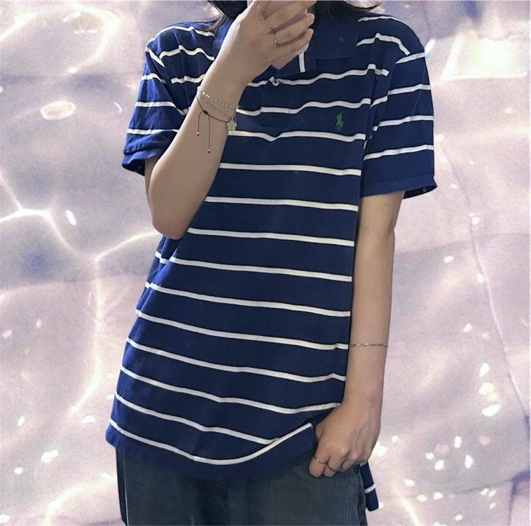 폴로 랄프로렌 PK 스트라이프 반팔 카라 티셔츠 네이비 XL 이미지