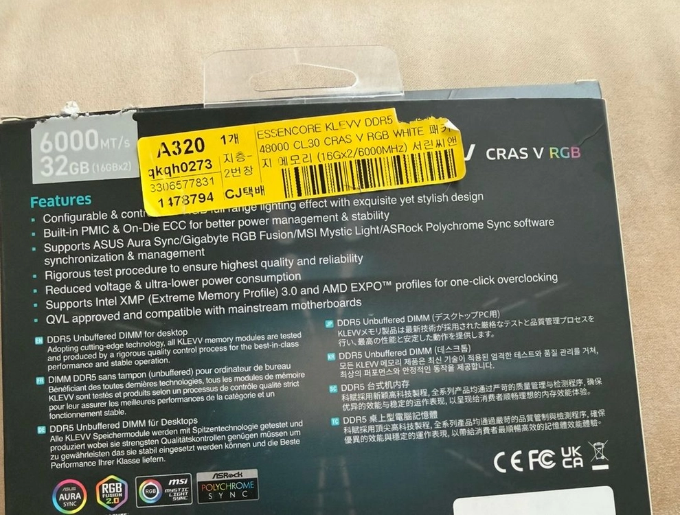 KLEVV DDR5 PC5-48000 CL30 CRAS V RGB WHITE 서린 [32GB (16GB*2)] (6 이미지