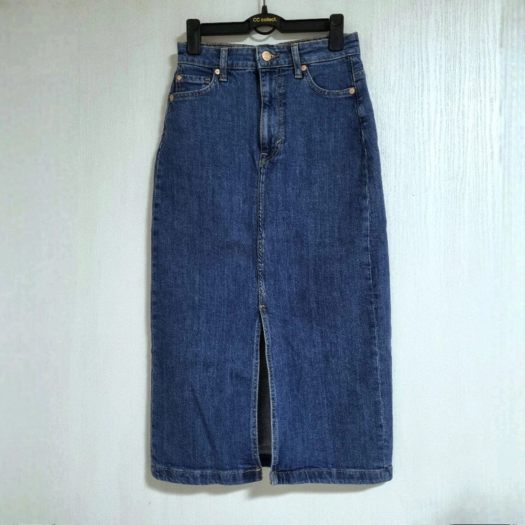H&M 하이웨스트 롱데님스커트 진청치마 슬릿 H라인 XS 이미지