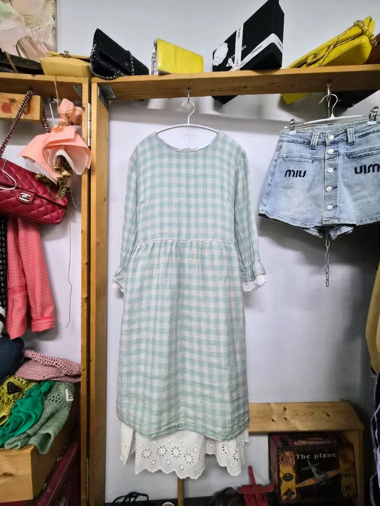 자라 면린넨 고방 체크 박시 원피스. 레이스이너스커트 이미지