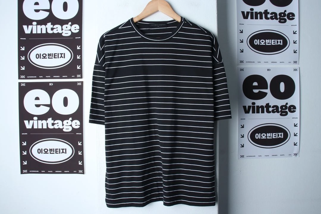 (M-XL) 더니트컴퍼니 반팔 티셔츠 스트라이프 블랙 이미지