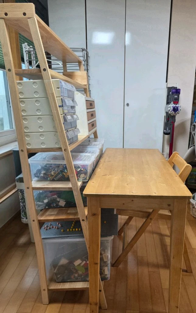 삼나무 사다리 책장, 테이블,의자세트 (책상+수납장+의자)/레고,장난감정리책장 이미지