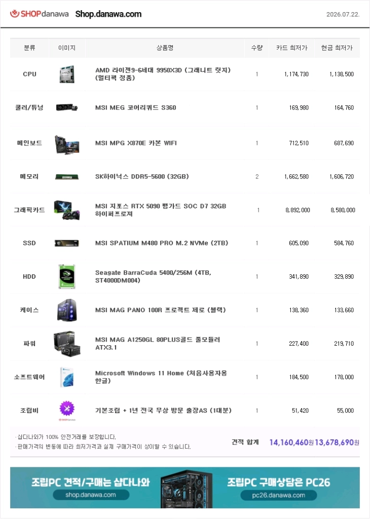 [고사양본체 1년사용] 9950X3D X870E 카본 하닉 64G RTX5090 M.2 2TB 4TB 컴퓨터 팝니다 이미지