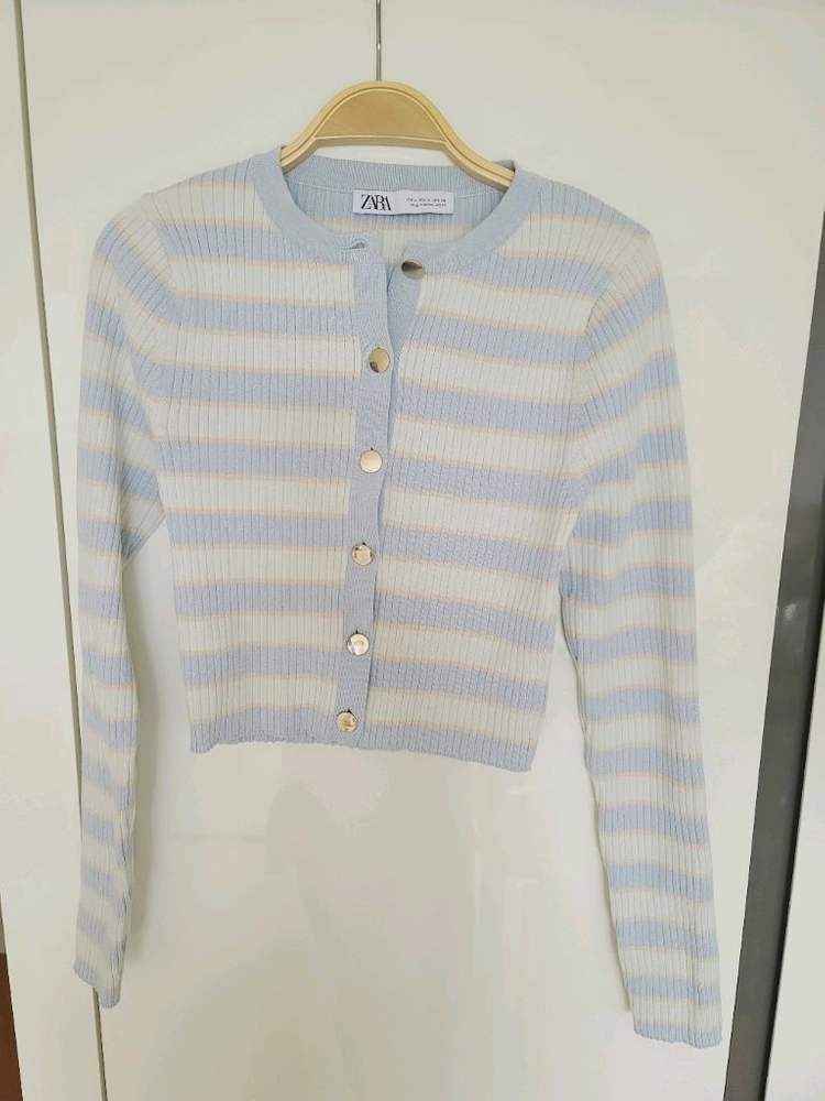 ZARA 자라 파스텔톤 스트라이프 니트 크롭 긴팔 금장버튼 가디건 M - 안심되는 중고거래