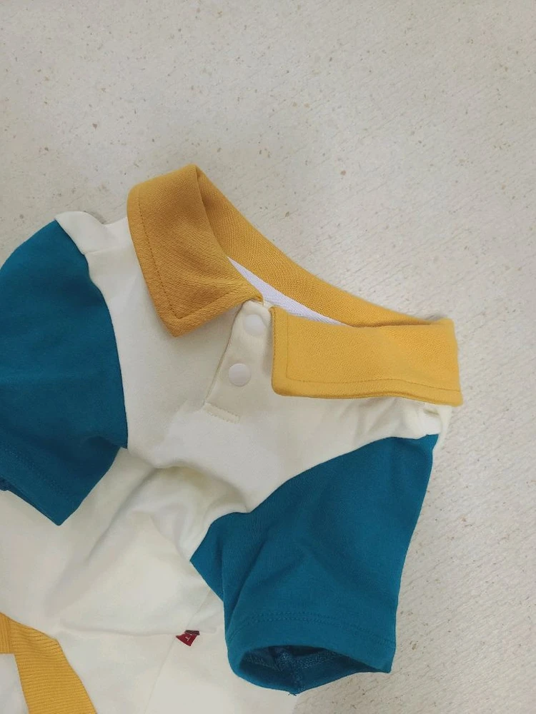 강아지옷 2XL 반팔 카라 티셔츠 옐로우블루 배색 반려견 애견의류 이미지