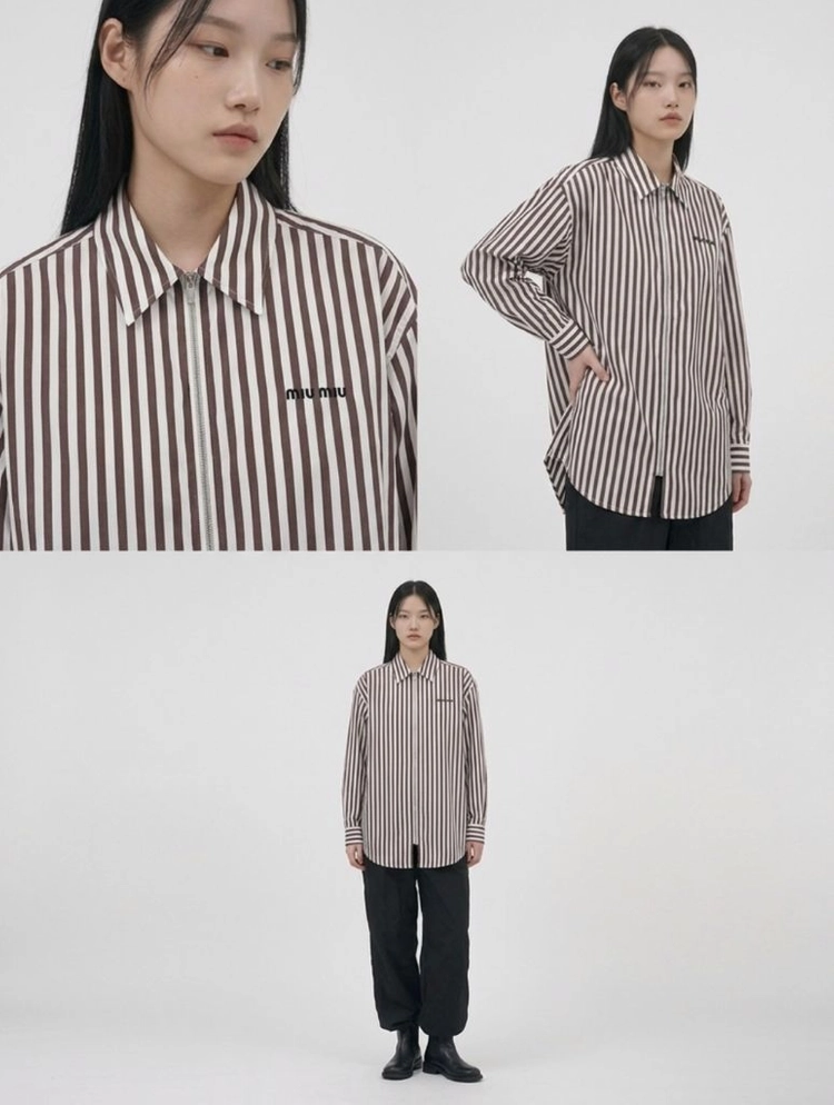 [38] 미우미우 25ss 로고 스트라이프 포플린 집업 셔츠 자켓 브라운 이미지