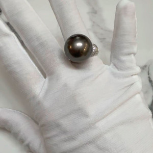 타히티 블랙펄 천연흑진주 19mm 18k 화이트 골드다이아 반지 이미지
