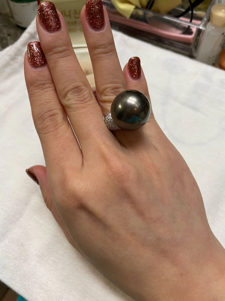 타히티 블랙펄 천연흑진주 19mm 18k 화이트 골드다이아 반지 이미지