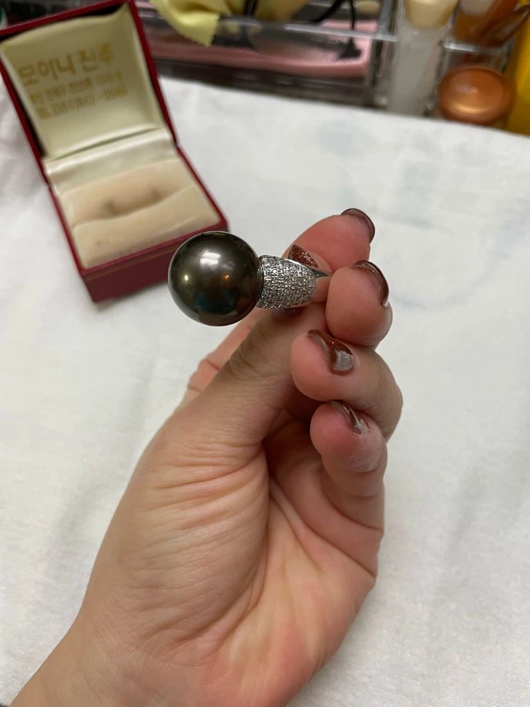 타히티 블랙펄 천연흑진주 19mm 18k 화이트 골드다이아 반지 이미지