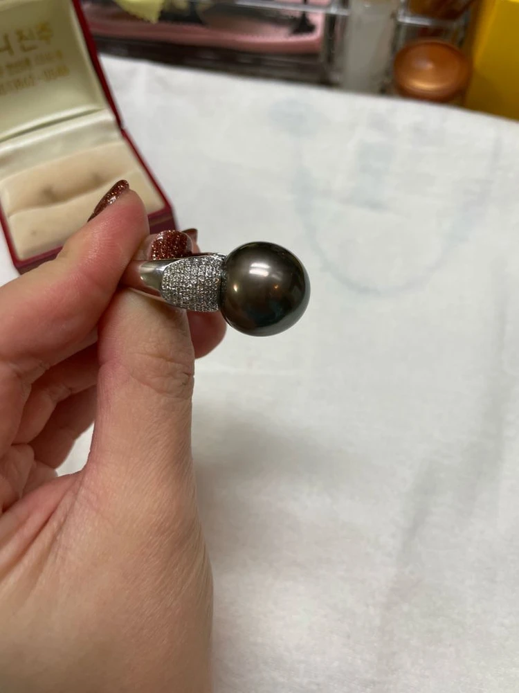 타히티 블랙펄 천연흑진주 19mm 18k 화이트 골드다이아 반지 이미지