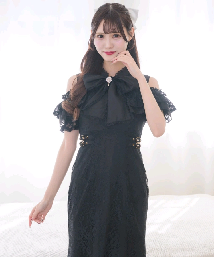 일본해외의류 브랜드 ROJITA 로지타 :: 로리타 하라주쿠 어깨트임 레이스 블랙롱원피스 드레스 이미지