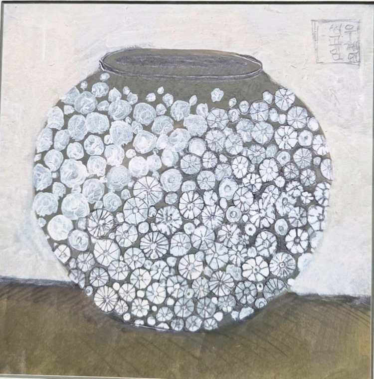 원화)도자기 달항아리 안개꽃 인테리어 유화 그림 애자(상태최상) 이미지