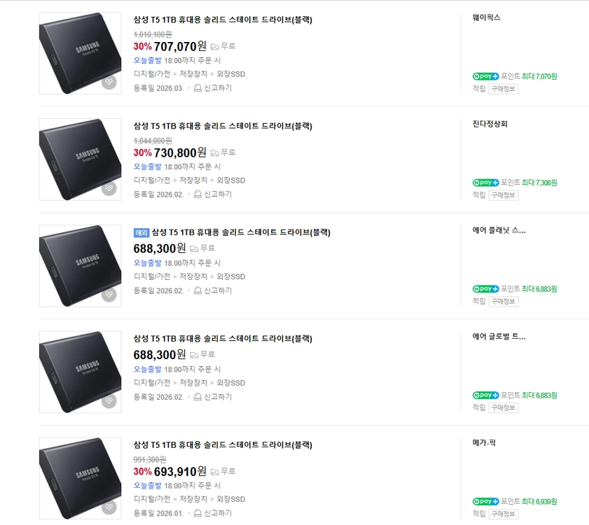 삼성정품 외장형 포터블 SSD T5 1테라 이미지