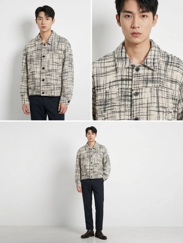 [46] 솔리드옴므 22fw 남성 트위드 체크 블루종 자켓 블랙 화이트 이미지