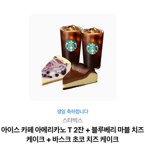 스타벅스 아이스 카페 아메리카노 T 2잔 블루베리 마블 치즈 케이크,바스크 초코 치즈 케이크 이미지