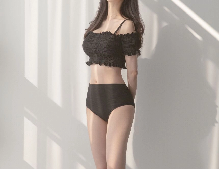 블랙 프릴 오프숄더 비키니 수영복 이미지