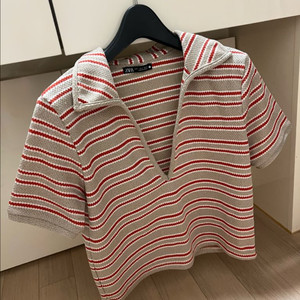 자라 ZARA 스트라이프 브이넥 반팔 니트 티셔츠 폴로 카라 레드베이지 여름 이미지
