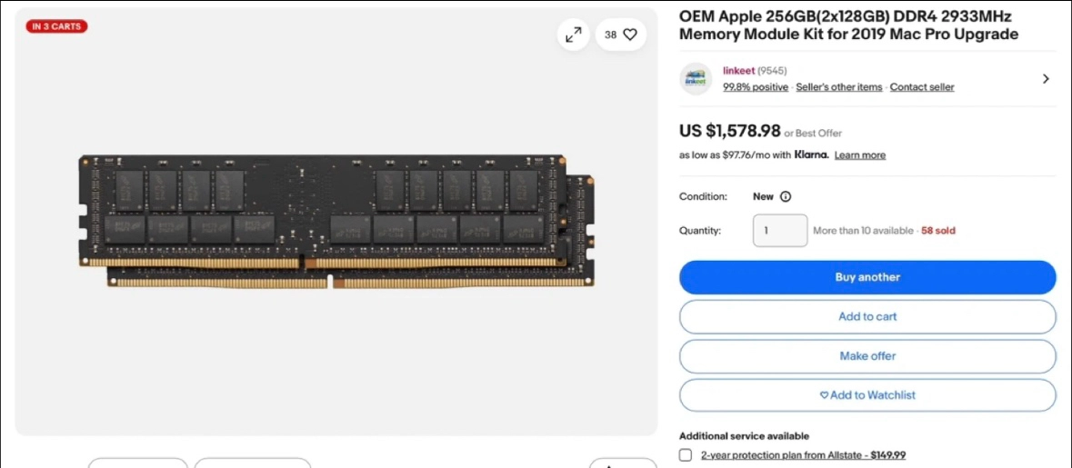 마이크론 DDR4 2933MHz 256GB(128*2ea) 맥프로 2019 업글 가능 이미지