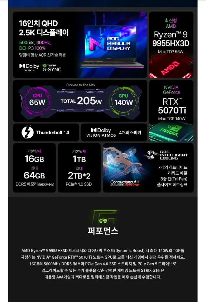 ASUS ROG STRIX G16 9955HX3D/RTX5070TI/1TB/32GB 팝니다 이미지