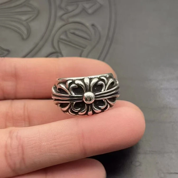 [S925 법정순은] 크롬하츠 스타일 플로랄 크로스 반지 (Floral Cross Ring) 이미지