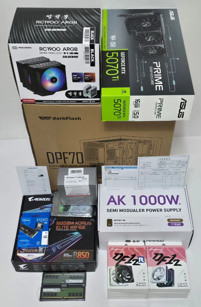 (새제품 ASUS RTX5070Ti, 9800X3D 수랭 블랙)32GB, 1000W, 공랭쿨러, 방송게이 이미지
