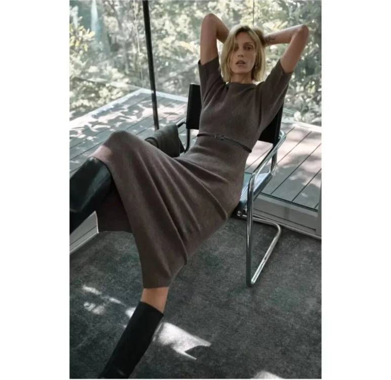 zara 자라 벨트 미디 니트 원피스 - 라이트브라운,S 이미지