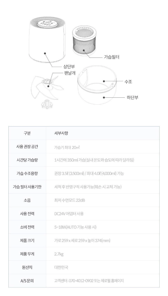 자연 기화식 가습기 ZWH-500W [제로웰] 이미지