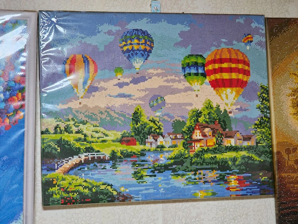 호수가풍경열기구 캔버스 보석십자수 완성품3종 40x50cm 이미지