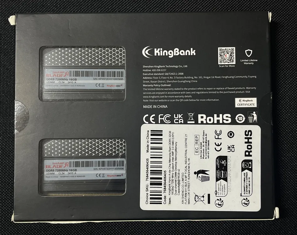 킹뱅크 DDR5 32GB(16GB x2) 7200Mhz CL34 하이닉스A다이 - 안심되는 중고거래
