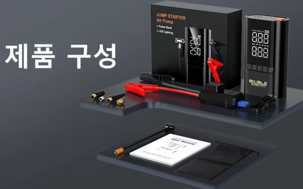 3000A 자동차 점프스타터는 에어펌프 및 보조배터리 기능까지 갖춘 12V 차량용 충전기입니다. 스마트 점프케이블이 이미지