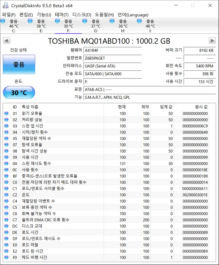 미사용급 노트북하드 도시바 HDD 1TB 2.5인치 153시간 이미지