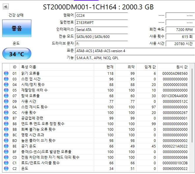 시게이트 하드 바라쿠다 2TB HDD 이테라 상태 검사 좋음 이미지