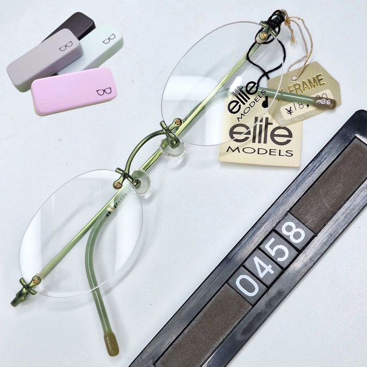 ELITE MOEDLS 8527 올리브 그린 무테 안경테 48mm 오벌형 긱시크 일본 빈티지 데드스톡 레트로 복고 이미지