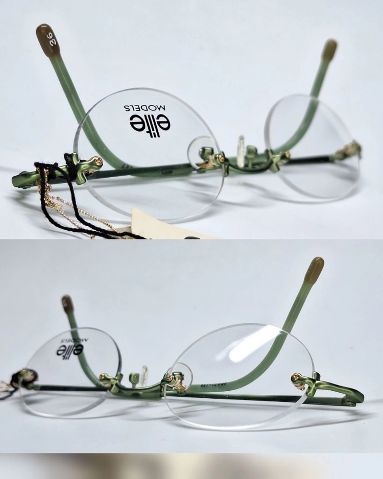 ELITE MOEDLS 8527 올리브 그린 무테 안경테 48mm 오벌형 긱시크 일본 빈티지 데드스톡 레트로 복고 이미지