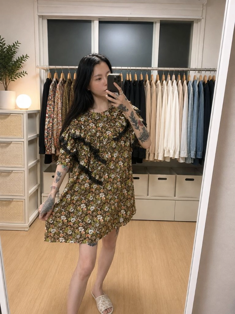 스타일난다 플라워 프릴 레이스 미니원피스 이미지