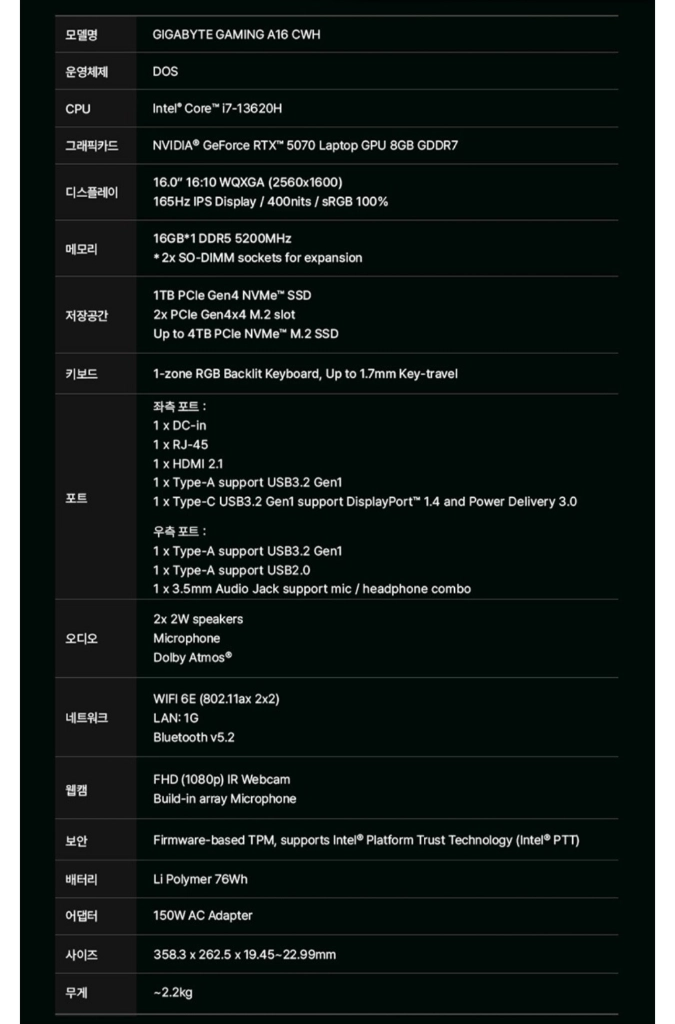 기가바이트 A16 RTX5070 고사양 게이밍 노트북 미개봉 새상품 이미지