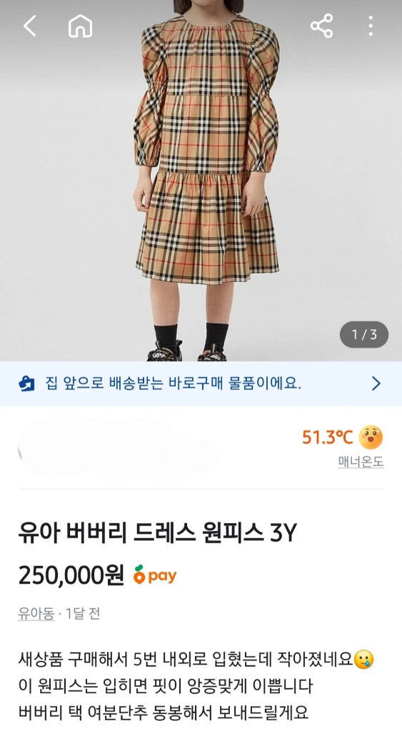 정품 최신상 ) 10y 버버리 키즈 긴팔 원피스 체크 버버리키즈 이미지