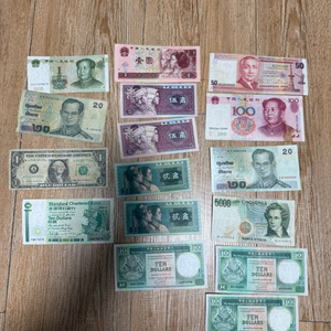 외국돈,옛날지폐 세트 (중국 100위안, 필리핀 50,20페소, 홍콩 10달러,중국 2각,5각) 이미지