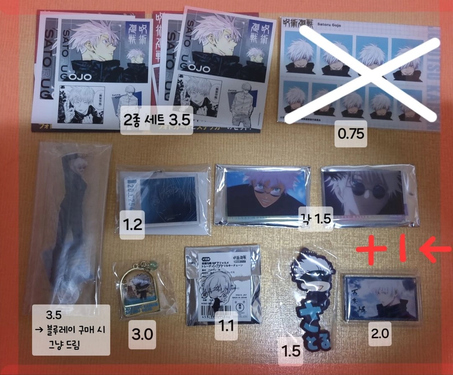 고죠 아크릴, 고죠 디오라마, 고죠 원화, 고죠 블럭, 고죠 판파레, 고죠 만쥬 등 고죠 굿즈 이미지