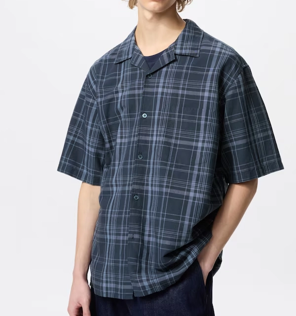 유니클로 리넨 린넨 반팔 체크 셔츠 네이비 L 이미지