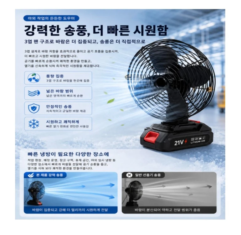 강력 무선 충전식 선풍기 21V 리튬배터리 분리형 캠핑 현장용 서큘레이터 이미지