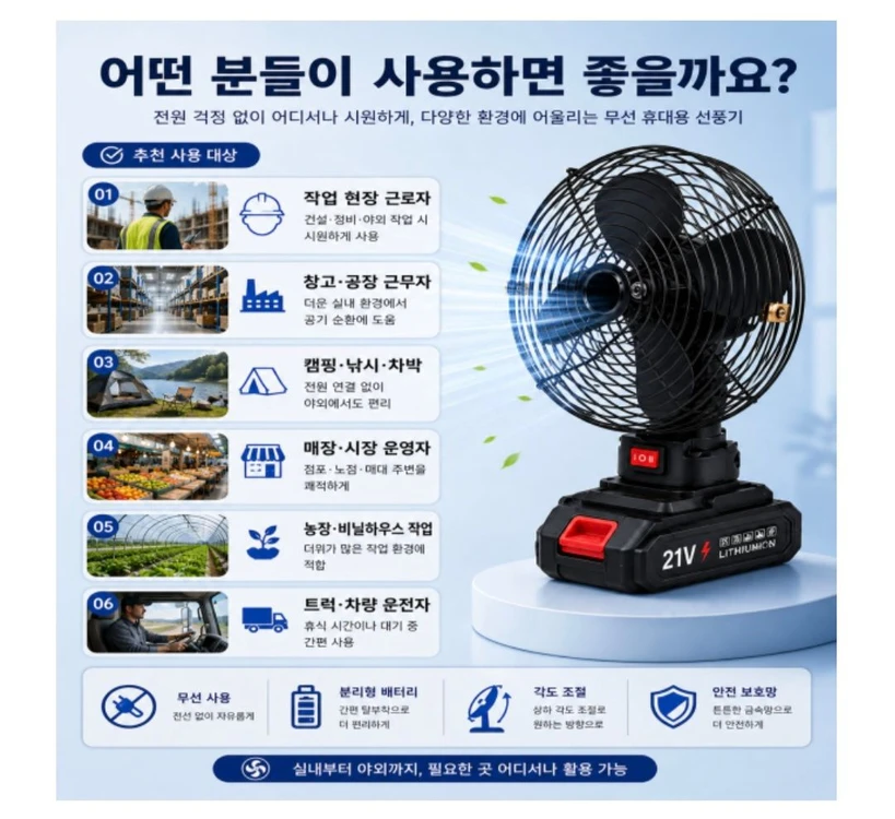 강력 무선 충전식 선풍기 21V 리튬배터리 분리형 캠핑 현장용 서큘레이터 이미지