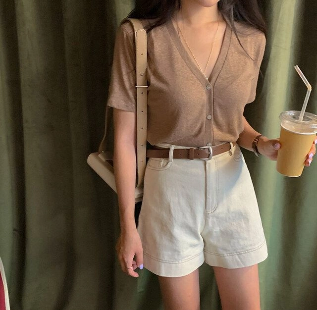 브이넥 반팔 니트 가디건 (브라운, 블랙 새상품) 이미지