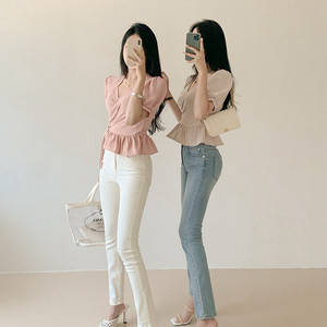 랩 디자인 퍼프 소매 블라우스 (베이지 새상품) 이미지