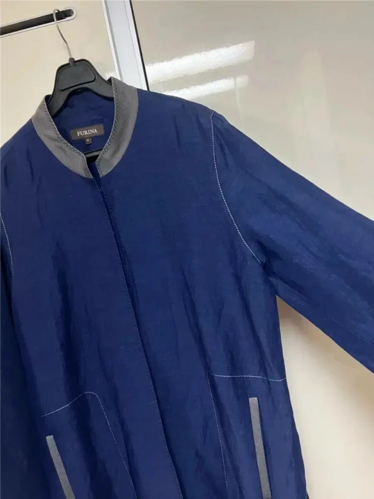휴리나 FURINA 정가85만 린넨 코트 롱 자켓 네이비 트렌치 라운드 차이나넥 이미지